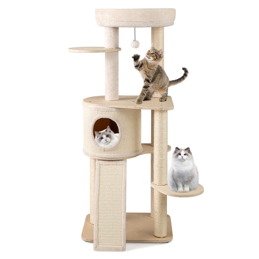 56 Inch Tall Cat Tree with 2 Sisal Scratching Posts and Ladder-NA