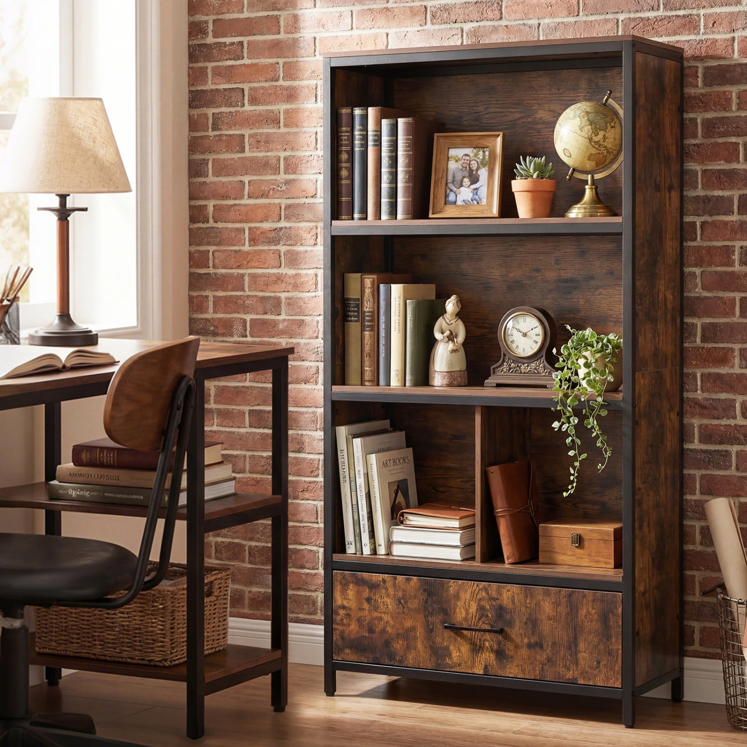 Tall 56-inch freestanding wooden bookcase with five shelves and built-in drawer, natural finish, ideal for home office storage.