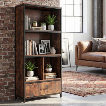 Natural wood 56-inch tall freestanding bookcase with five shelves and a drawer for home office storage.