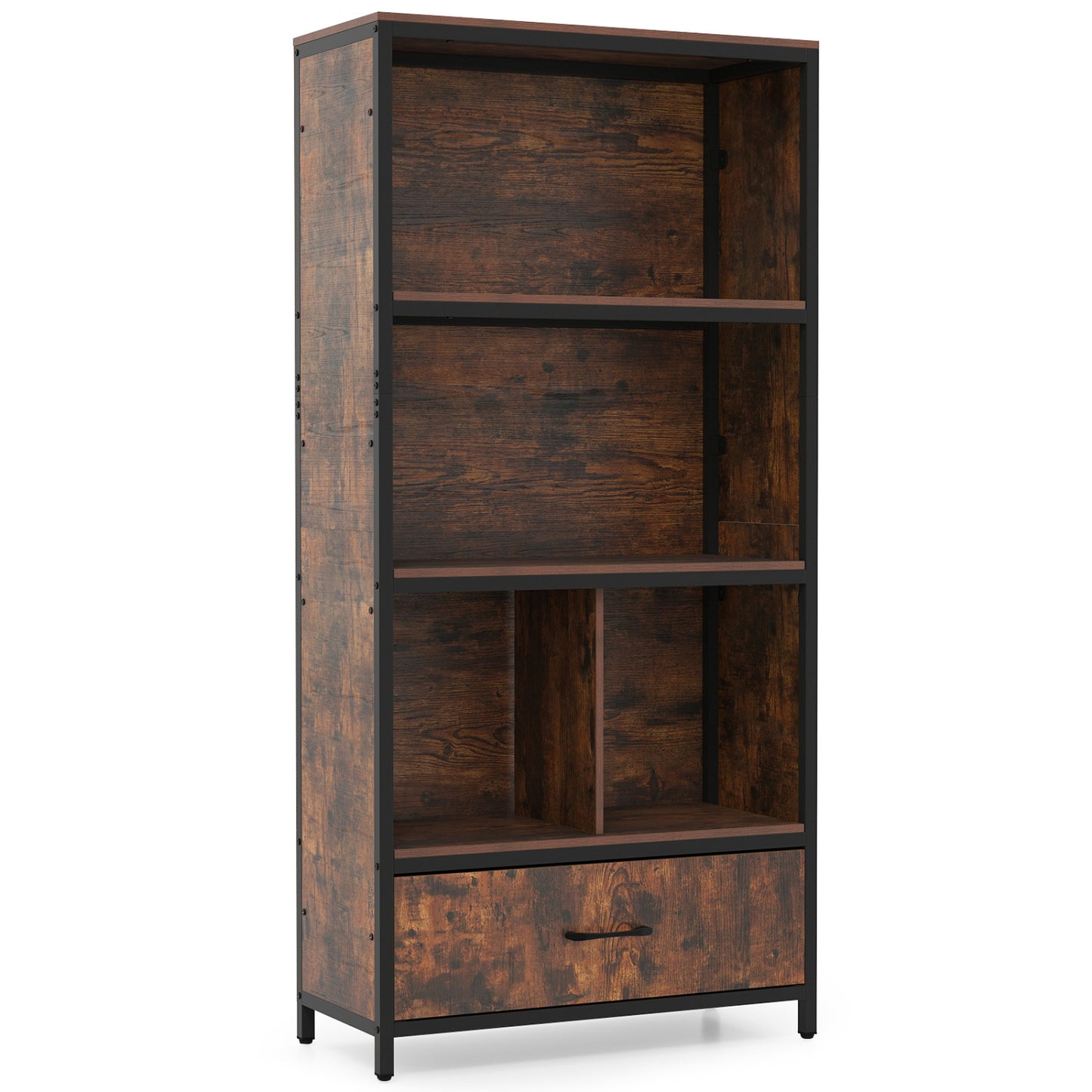 Natural wood 56-inch tall freestanding bookcase with five shelves and a drawer, ideal for home office storage.