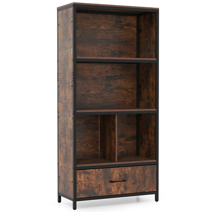 Natural wood 56-inch tall freestanding bookcase with five shelves and a drawer, ideal for home office storage.