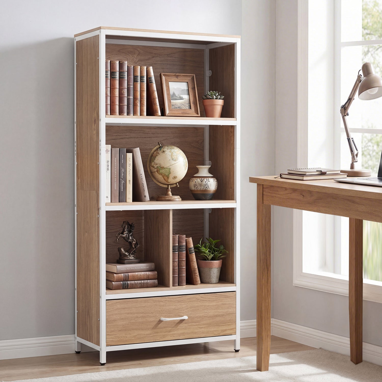 Natural wood 56-inch tall freestanding bookcase with five shelves and a bottom drawer for home office storage.