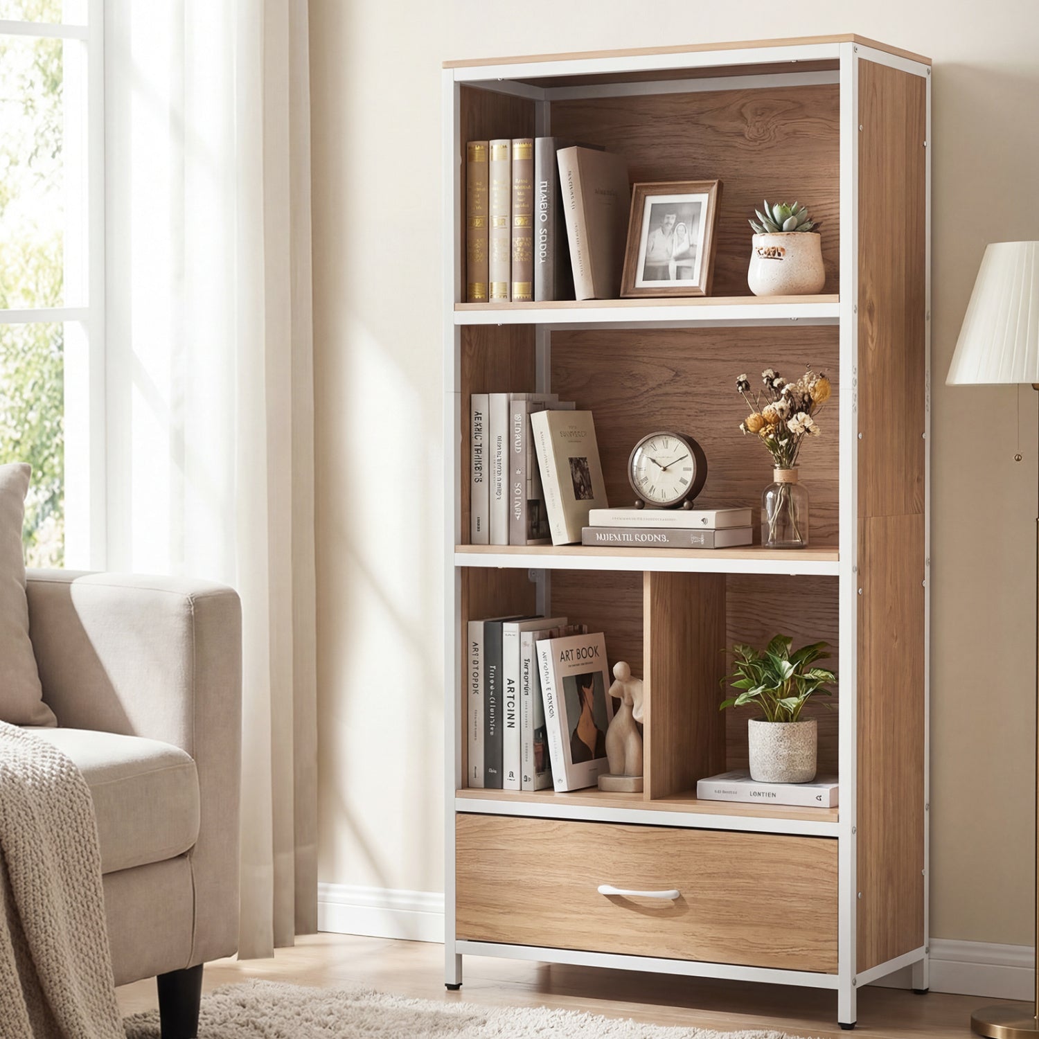 Natural wood 56-inch tall freestanding bookcase with five shelves and a drawer for home office storage.