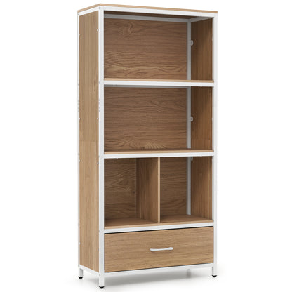 Natural wood 56-inch tall freestanding bookcase with five shelves and a drawer, ideal for home office storage.
