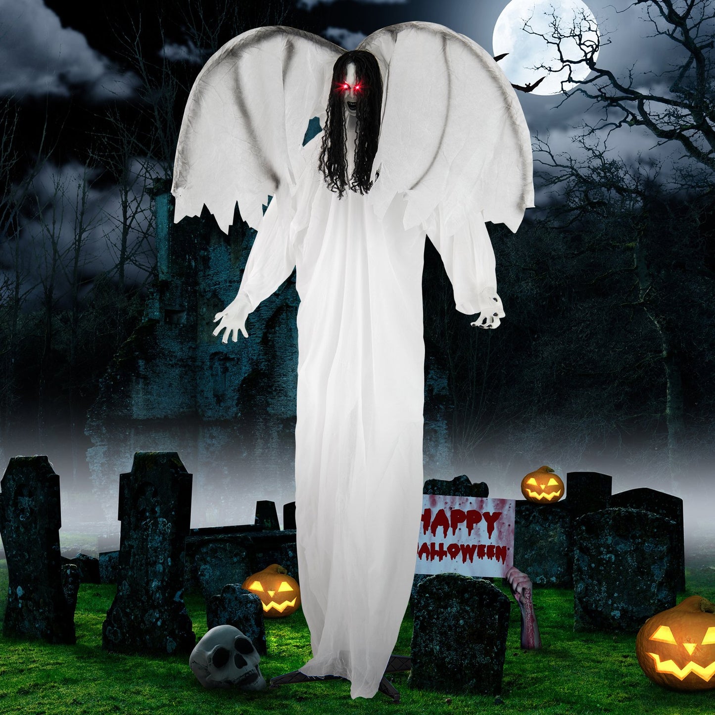 6.6 Feet Halloween Animatronic Standing Angel with Sound-Activated Light-up Eyes and Flapping Wings