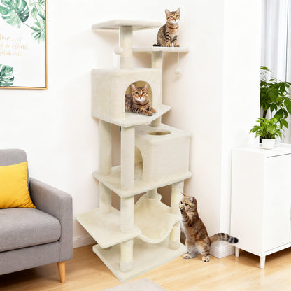 57 Inch Cat Tree with Dual Condos and Hammock and 2 Dangling Balls-Beige