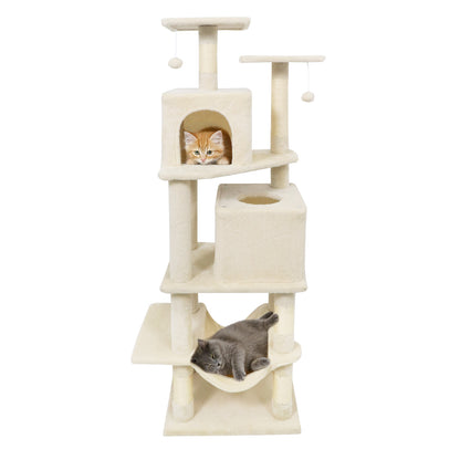 57 Inch Cat Tree with Dual Condos and Hammock and 2 Dangling Balls-Beige