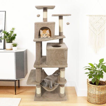57 Inch Cat Tree with Dual Condos and Hammock and 2 Dangling Balls-Beige