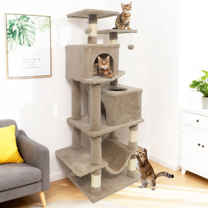 57 Inch Cat Tree with Dual Condos and Hammock and 2 Dangling Balls-Beige