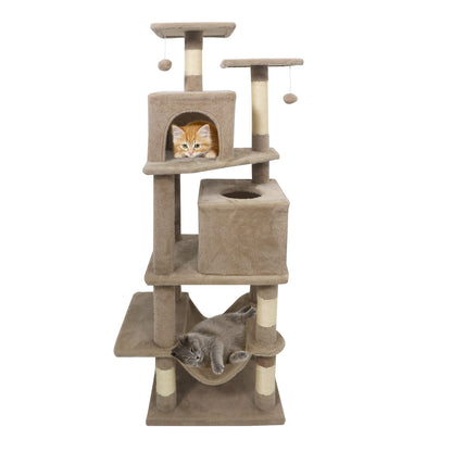 57 Inch Cat Tree with Dual Condos and Hammock and 2 Dangling Balls-Beige