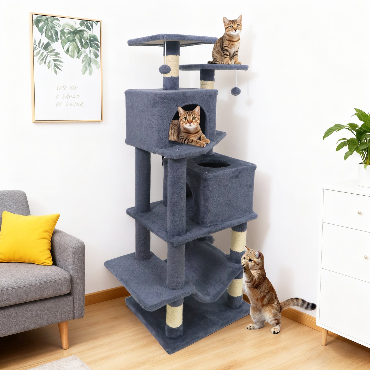 57 Inch Cat Tree with Dual Condos and Hammock and 2 Dangling Balls-Beige