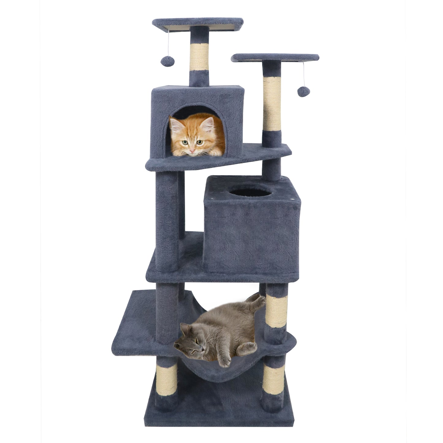 57 Inch Cat Tree with Dual Condos and Hammock and 2 Dangling Balls-Beige