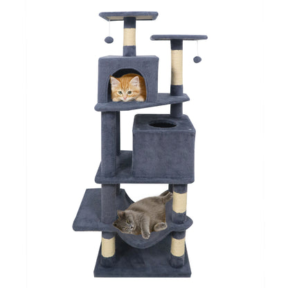 57 Inch Cat Tree with Dual Condos and Hammock and 2 Dangling Balls-Beige