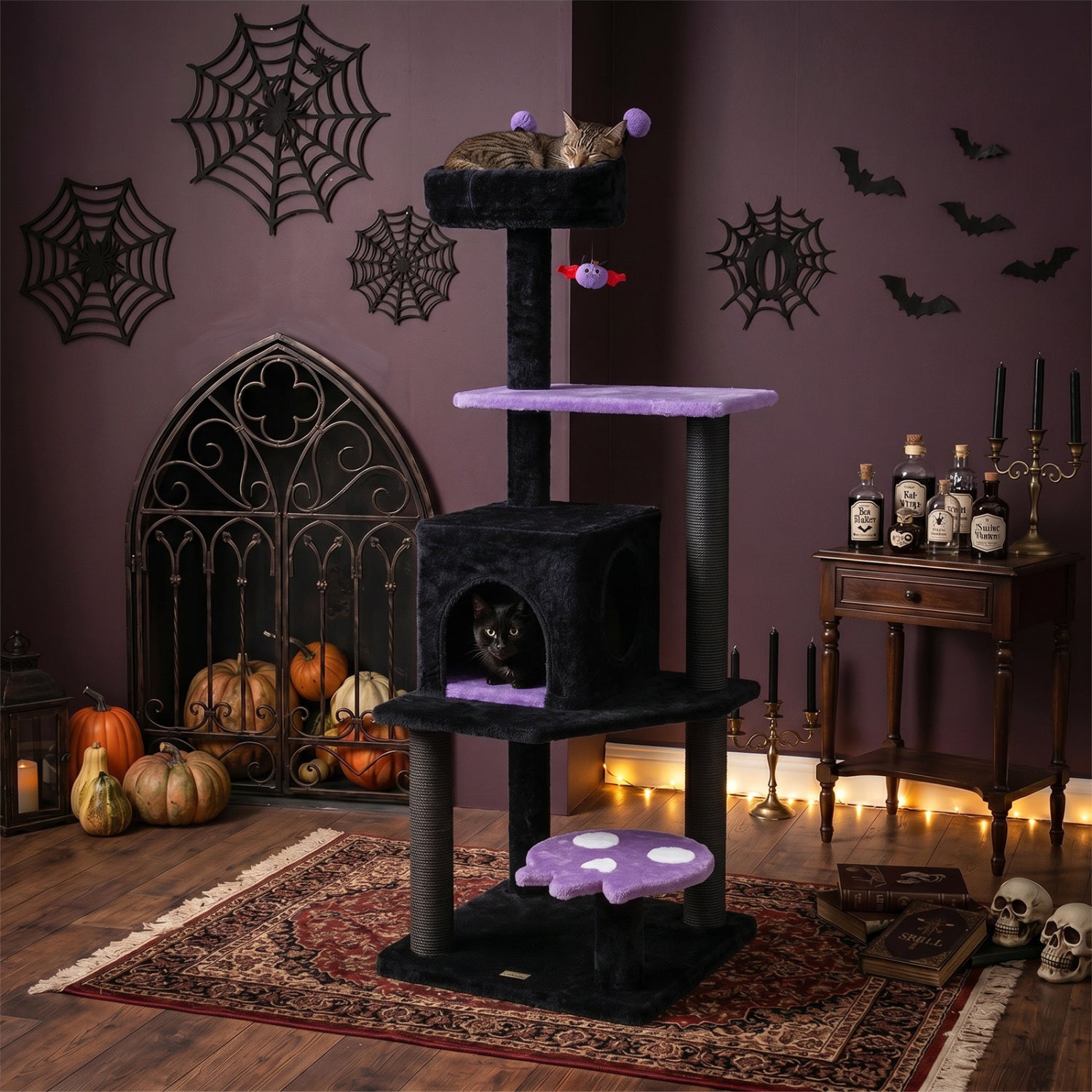 Purple 57-inch Spooky Cat Tower with padded perch and spider-shaped hanging toy, designed for cats to climb, scratch, and play.