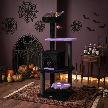 Purple 57-inch Spooky Cat Tower with padded perch and spider-shaped hanging toy, designed for cats to climb, scratch, and play.