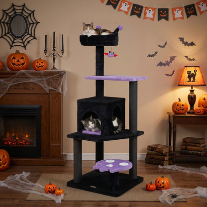 Purple 57-inch Spooky Cat Tower with padded perch and spider-shaped hanging toy for cats, from Wilsons Home Store.