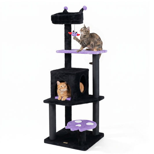 Purple 57-inch Spooky Cat Tower with padded perch and spider-shaped hanging toy, ideal for cats to climb, scratch, and play.