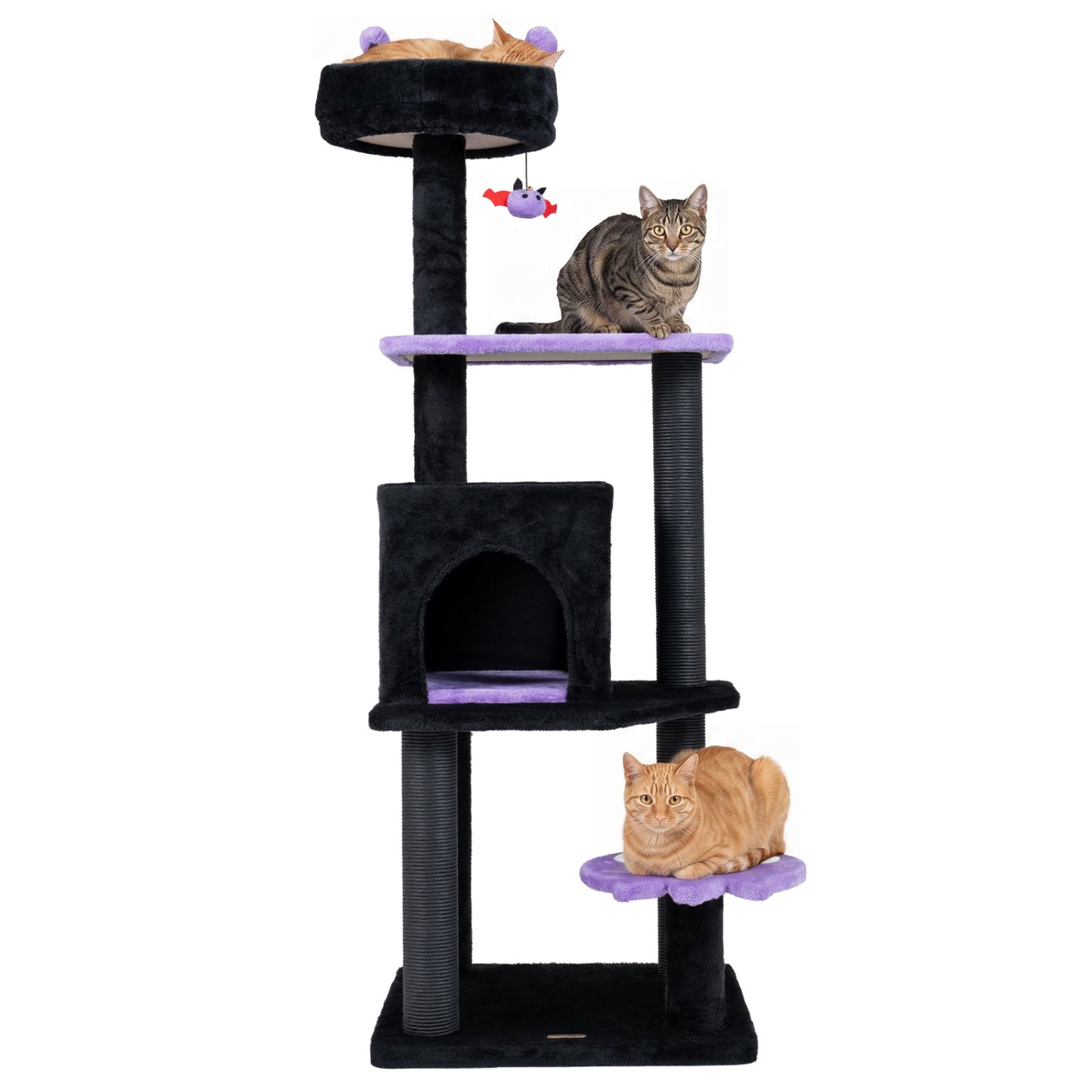 Purple 57-inch spooky cat tower with padded perch and spider-shaped hanging toy, designed for cats to climb and play.