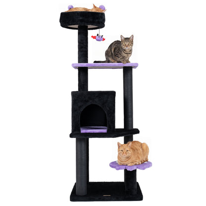 Purple 57-inch spooky cat tower with padded perch and spider-shaped hanging toy, designed for cats to climb and play.