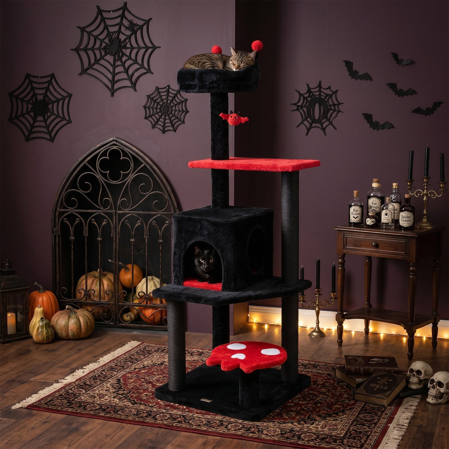 Purple 57-inch Spooky Cat Tower with padded perch and spider-shaped hanging toy for cats, by Direct by Wilsons Home Store.