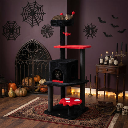 Purple 57-inch Spooky Cat Tower with padded perch and spider-shaped hanging toy for cats, by Direct by Wilsons Home Store.