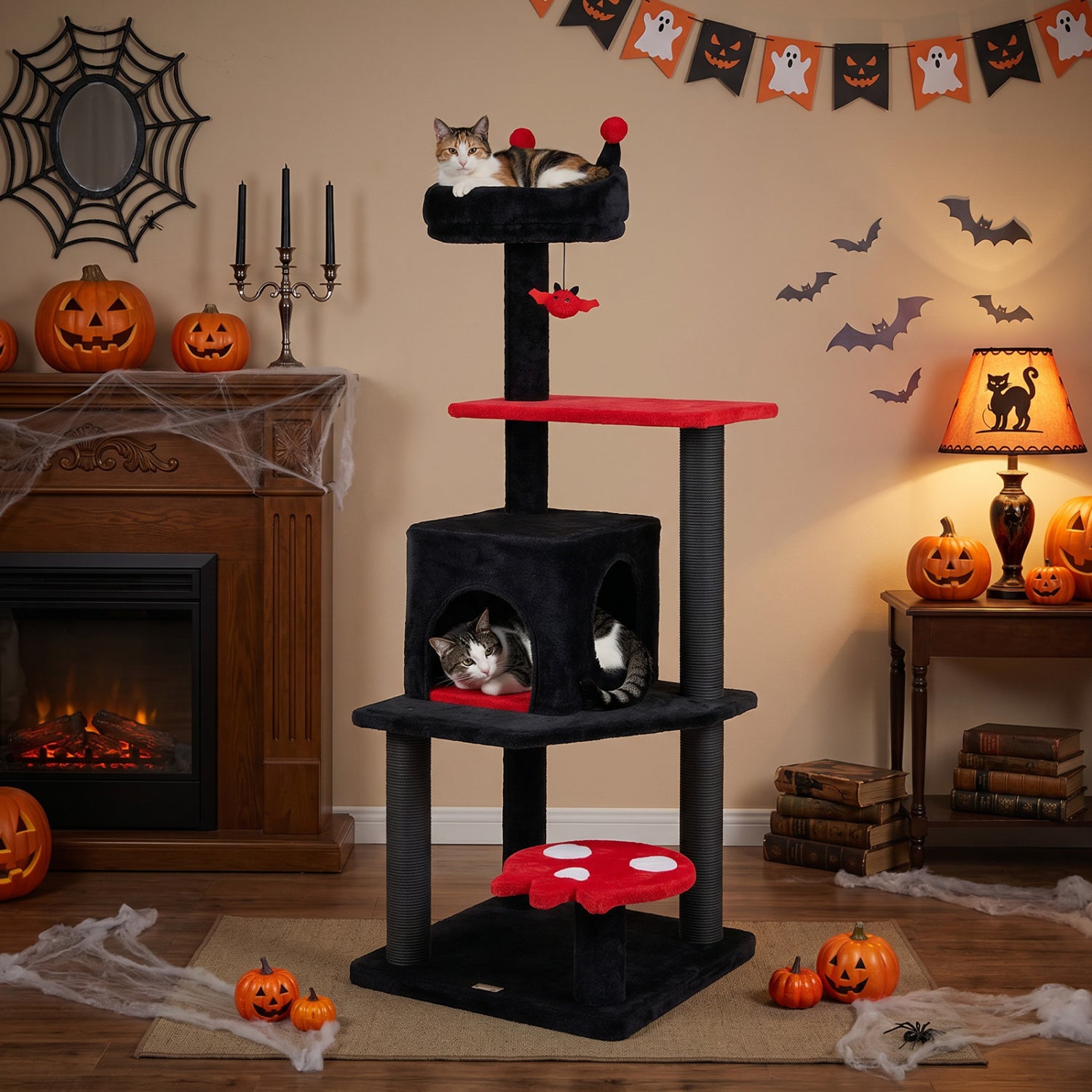 Purple 57-inch Spooky Cat Tower with padded perch and spider-shaped hanging toy for cats, by Direct by Wilsons Home Store.