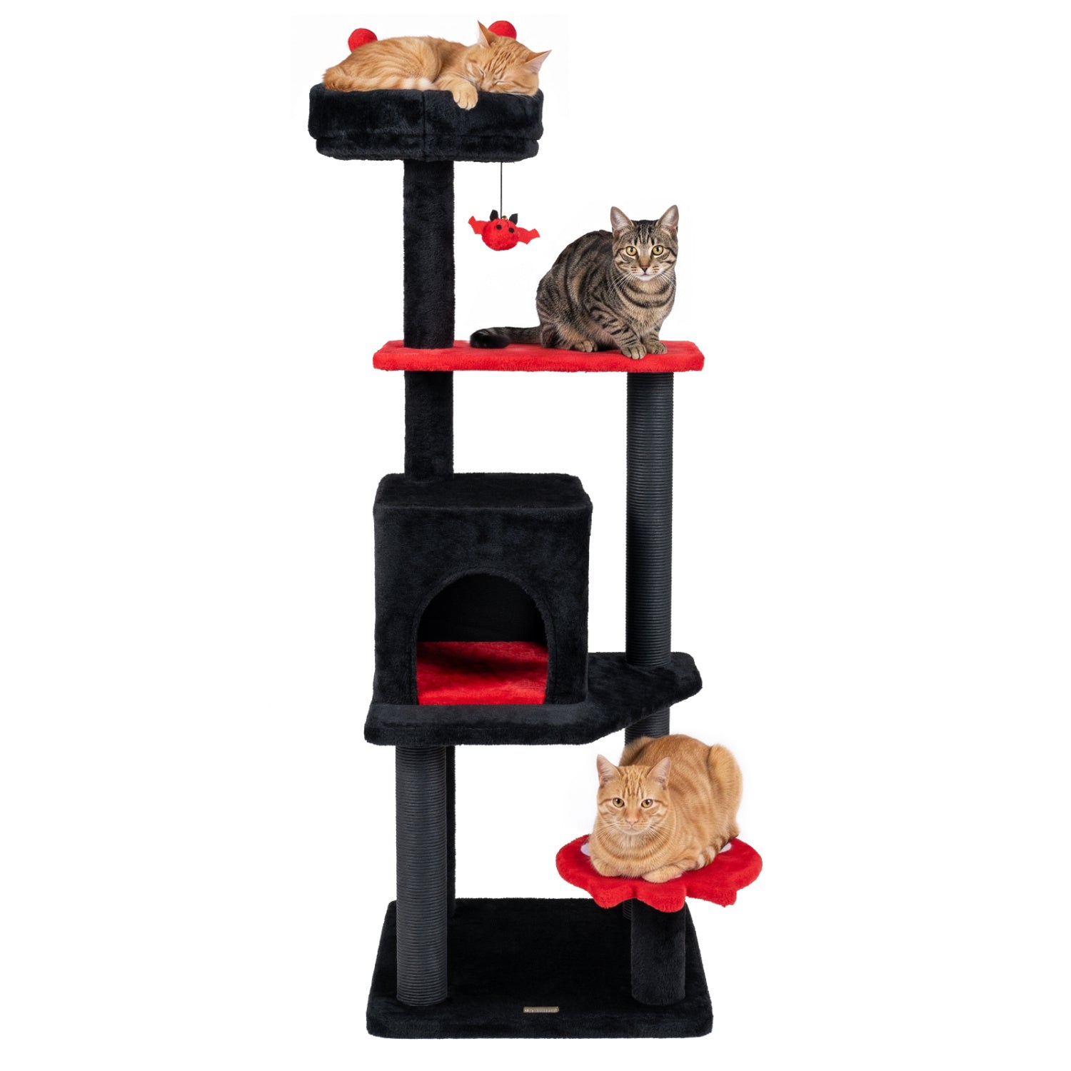 Purple 57-inch Spooky Cat Tower with padded perch and spider-shaped hanging toy for cats, from Wilsons Home Store.