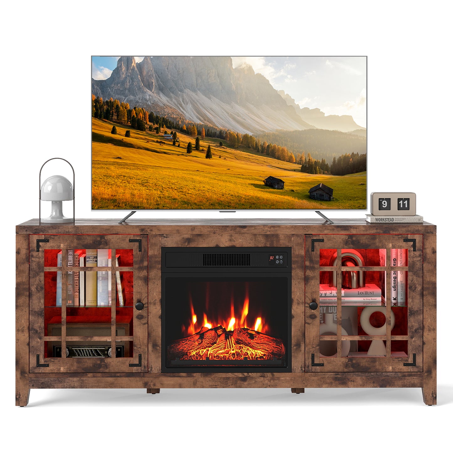 58" Fireplace TV Stand with LED Lights and 18" Electric Fireplace-Black