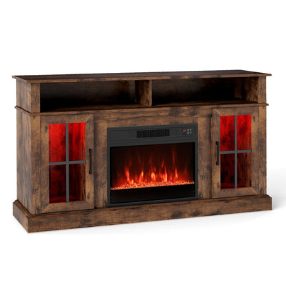 58 Inch Fireplace TV Stand with LED Lights with Storage Cabinets and Glass Doors-Black