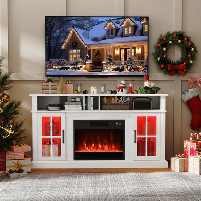 58 Inch Fireplace TV Stand with LED Lights with Storage Cabinets and Glass Doors-Black