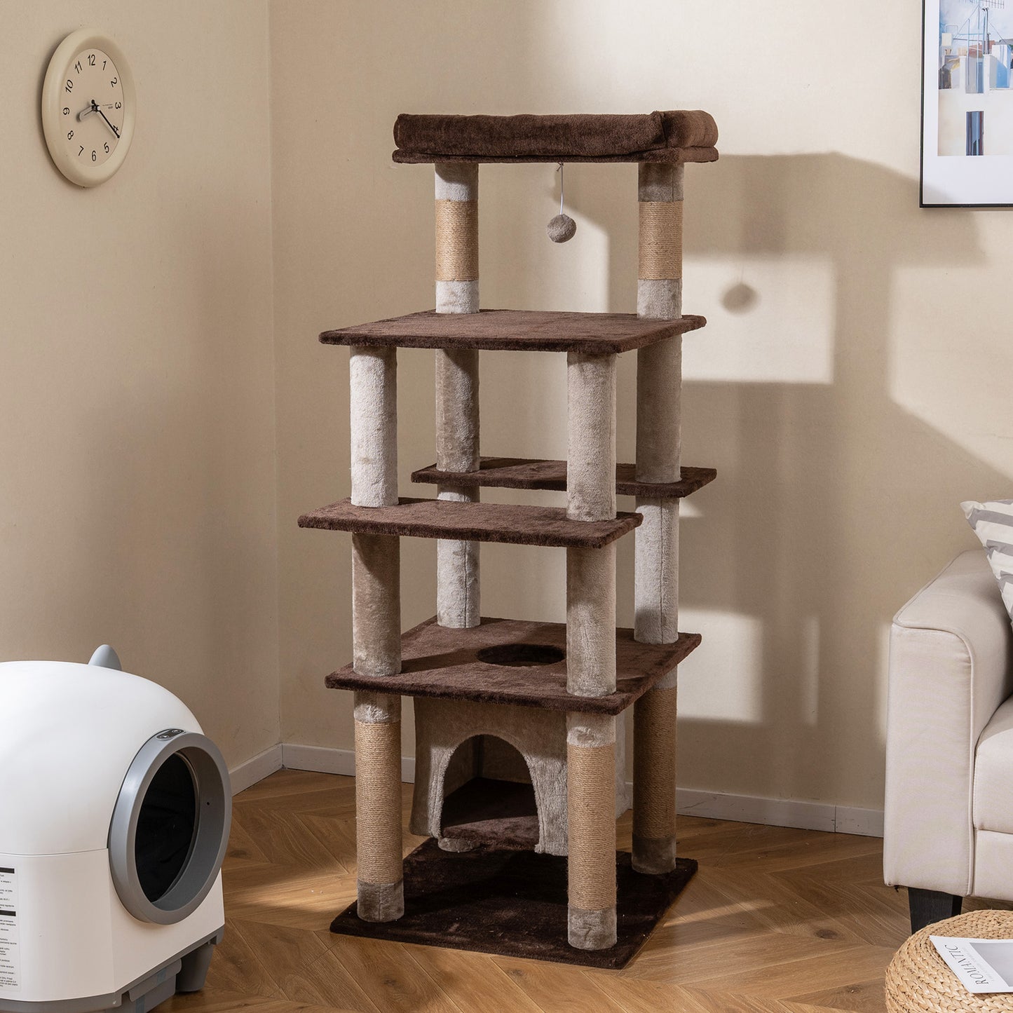 58 Inch Large Multi-level Cat Tree with Swaying Aerial Condo and Plush Perch Bed-Beige