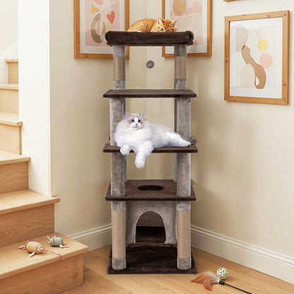 58 Inch Large Multi-level Cat Tree with Swaying Aerial Condo and Plush Perch Bed-Beige
