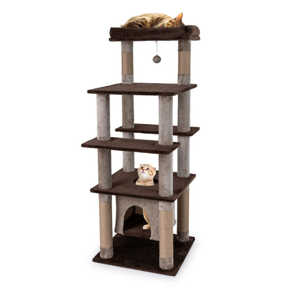 58 Inch Large Multi-level Cat Tree with Swaying Aerial Condo and Plush Perch Bed-Beige