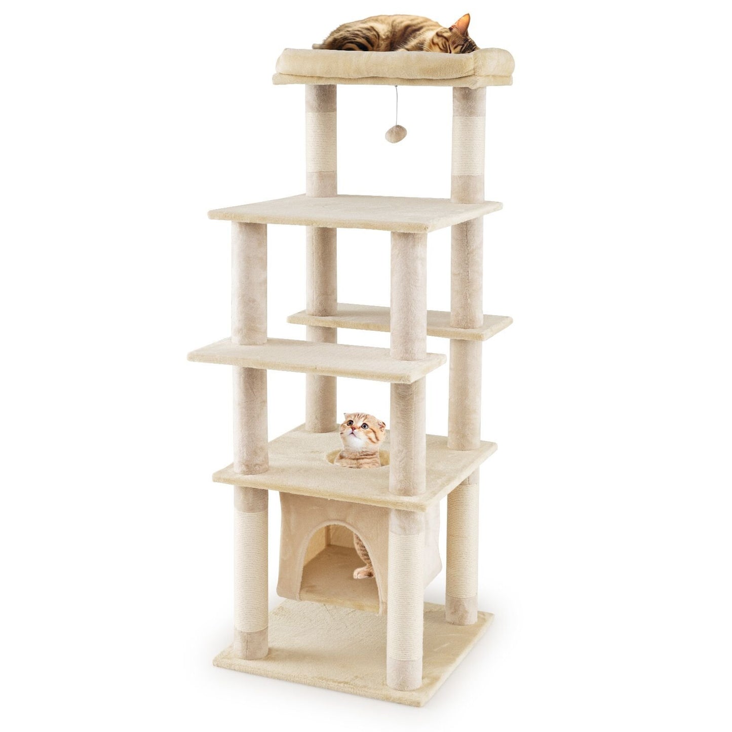 58 Inch Large Multi-level Cat Tree with Swaying Aerial Condo and Plush Perch Bed-Beige