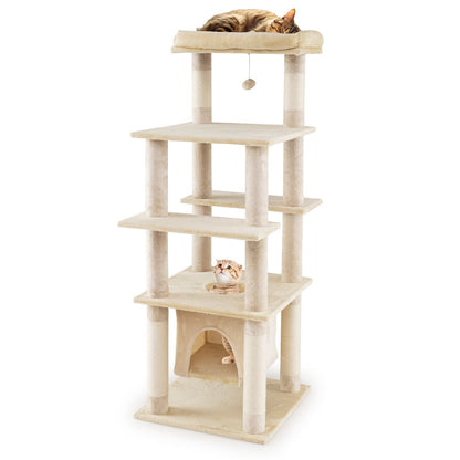 58 Inch Large Multi-level Cat Tree with Swaying Aerial Condo and Plush Perch Bed-Beige