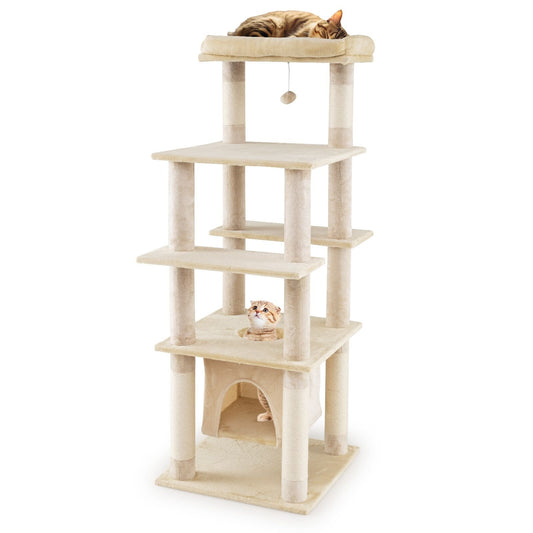 58 Inch Large Multi-level Cat Tree with Swaying Aerial Condo and Plush Perch Bed-Beige