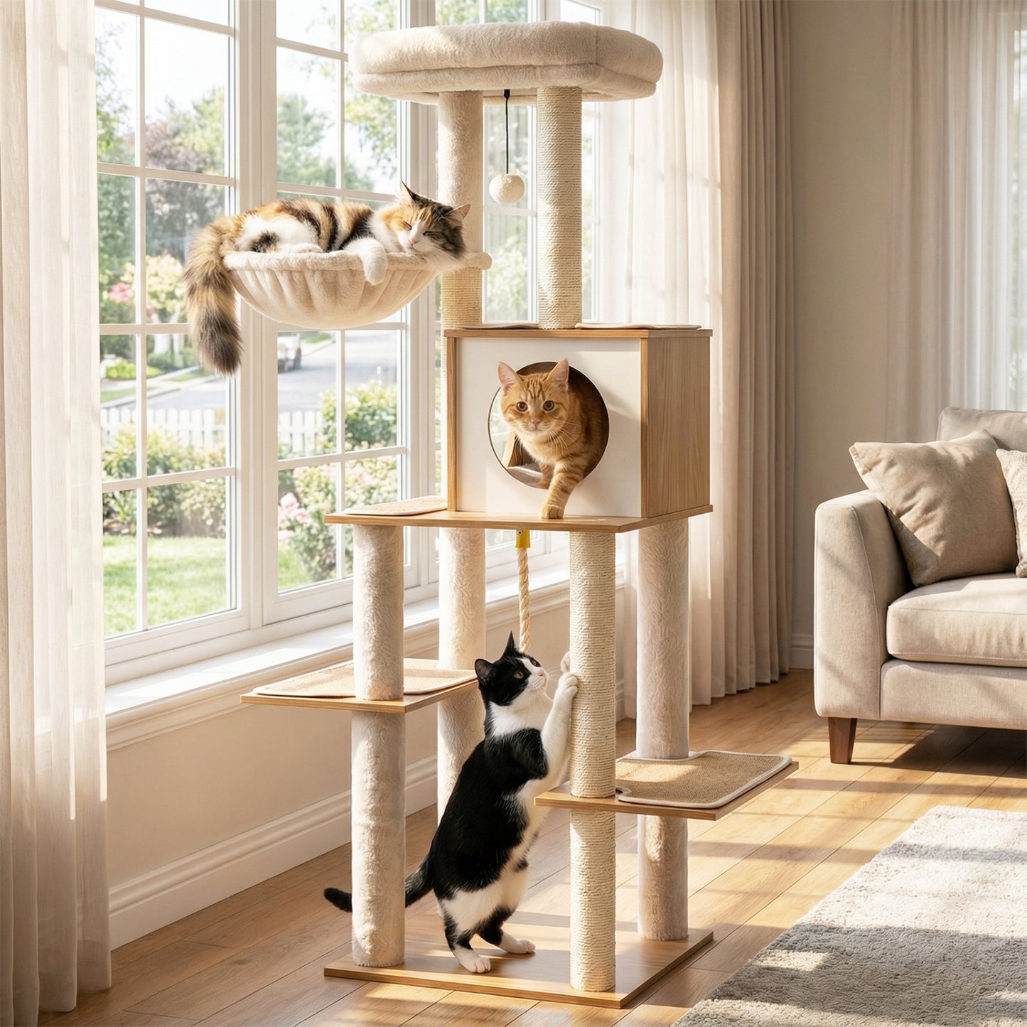58 Inch Tall Modern Cat Tree with Sisal Scratching Posts-Natural