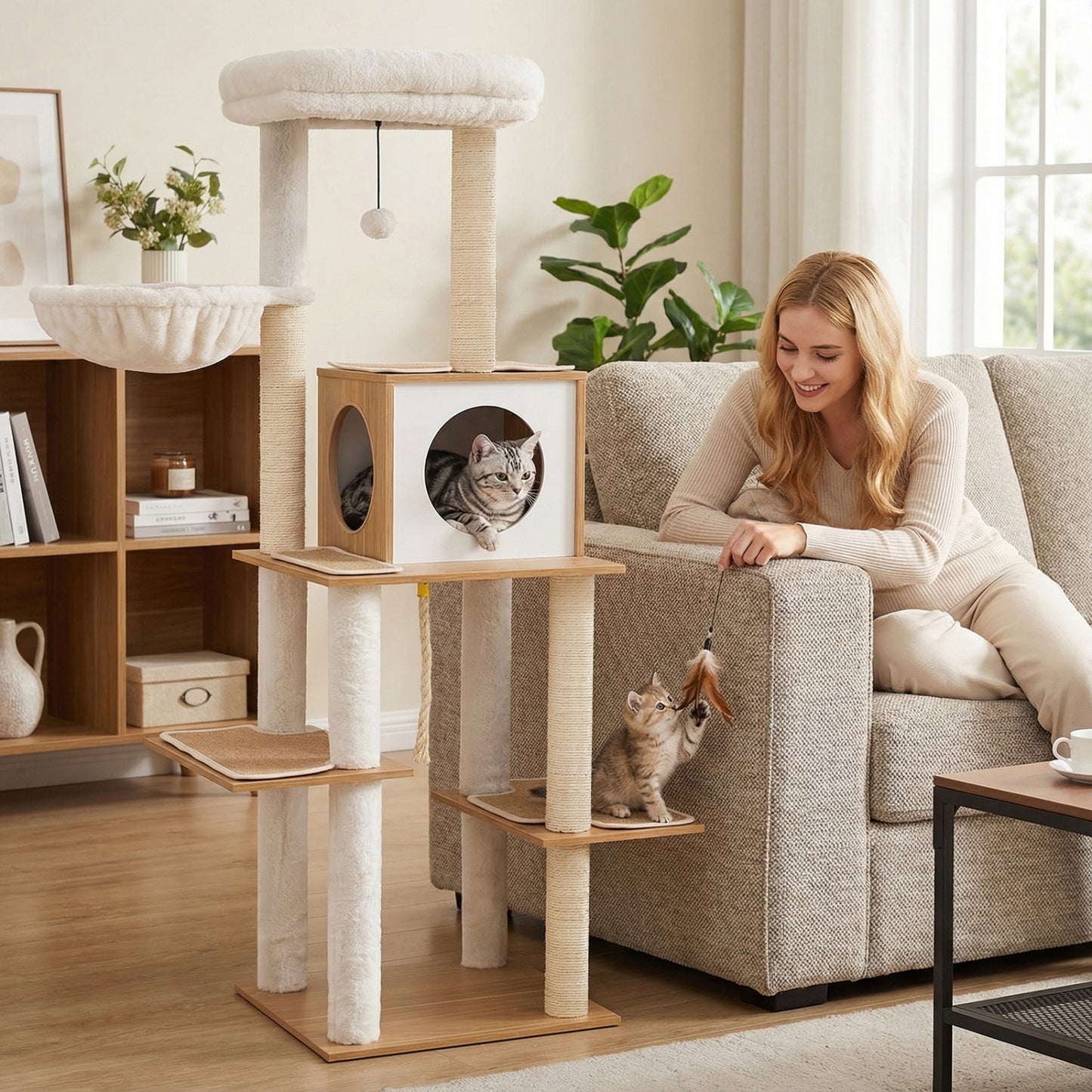 58 Inch Tall Modern Cat Tree with Sisal Scratching Posts-Natural