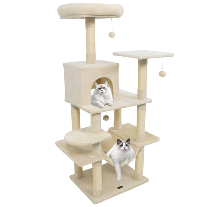 58" Multi-Level Cat Tree Soft Plush Cat Tower with Padded Top Perch-Beige