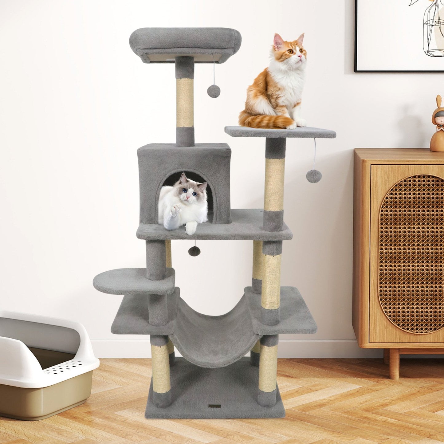 58" Multi-Level Cat Tree Soft Plush Cat Tower with Padded Top Perch-Beige