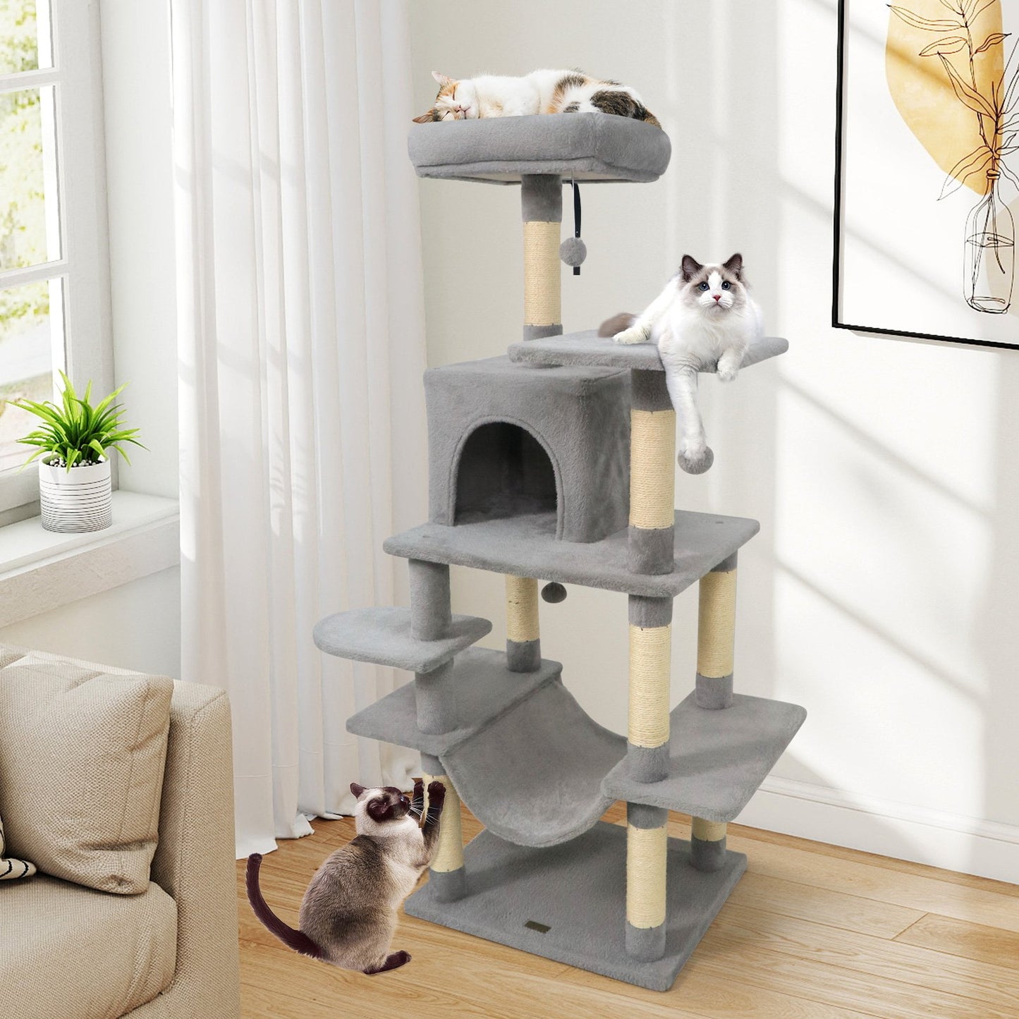 58" Multi-Level Cat Tree Soft Plush Cat Tower with Padded Top Perch-Beige