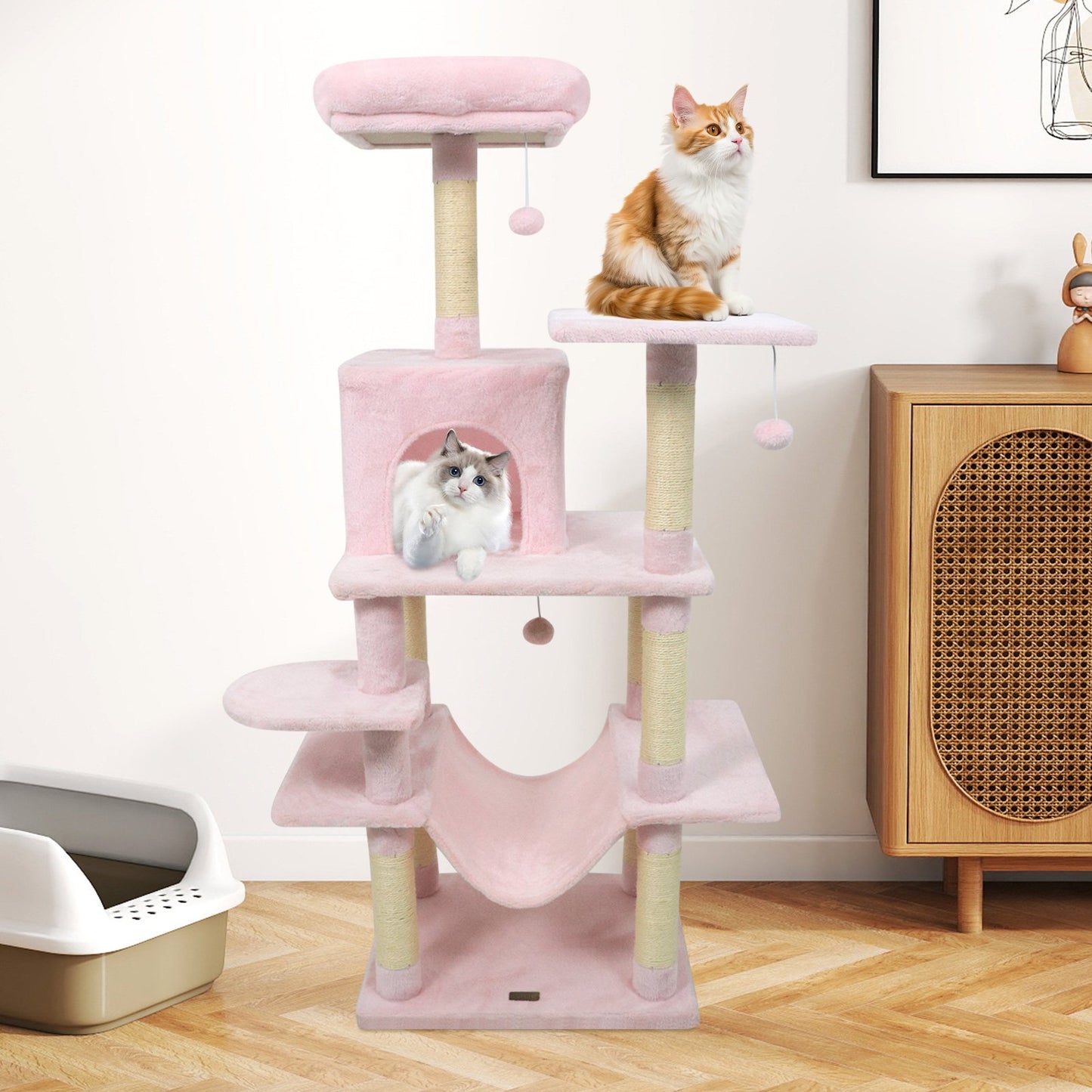 58" Multi-Level Cat Tree Soft Plush Cat Tower with Padded Top Perch-Beige