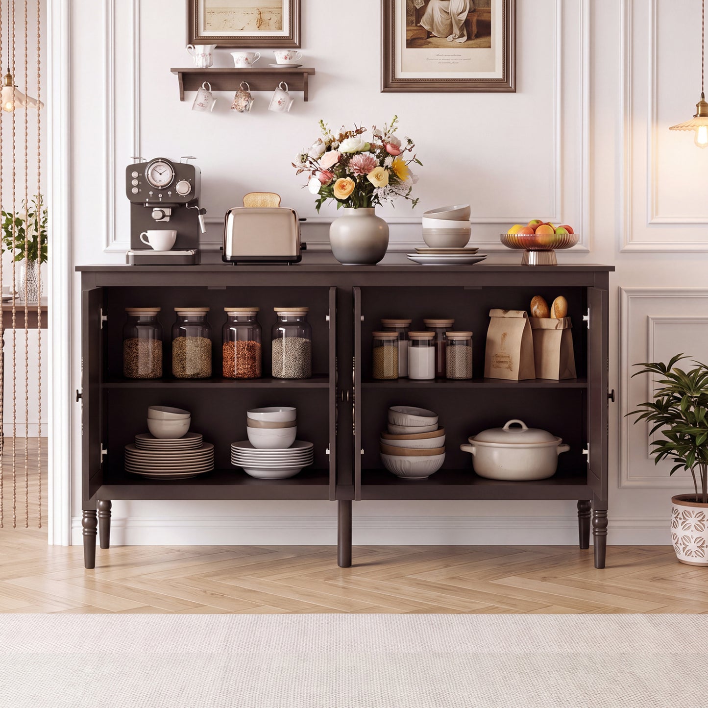 58" Vintage Buffet Cabinet with Pine Wood Legs and Adjustable Shelves for Kitchen-Black