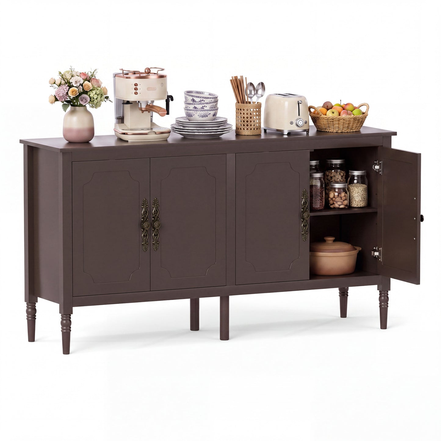 58" Vintage Buffet Cabinet with Pine Wood Legs and Adjustable Shelves for Kitchen-Black