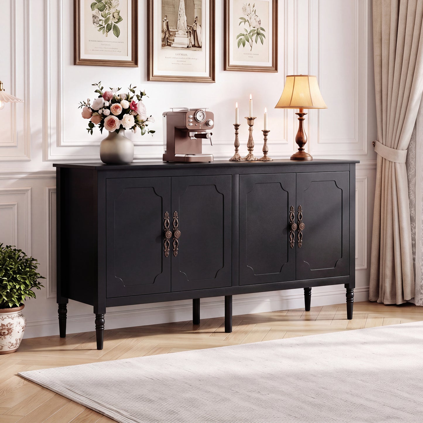 58" Vintage Buffet Cabinet with Pine Wood Legs and Adjustable Shelves for Kitchen-Black