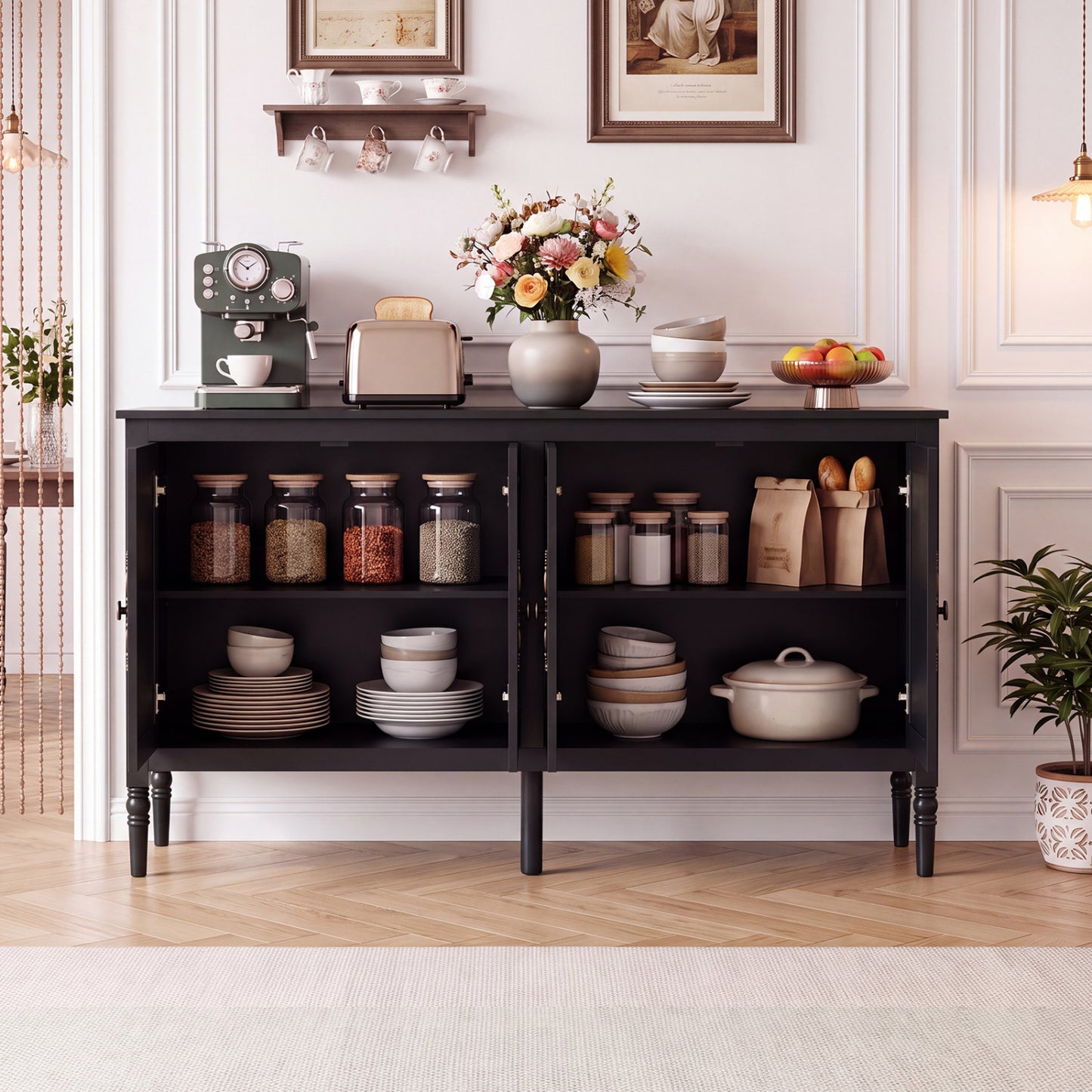 58" Vintage Buffet Cabinet with Pine Wood Legs and Adjustable Shelves for Kitchen-Black