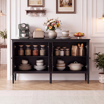 58" Vintage Buffet Cabinet with Pine Wood Legs and Adjustable Shelves for Kitchen-Black