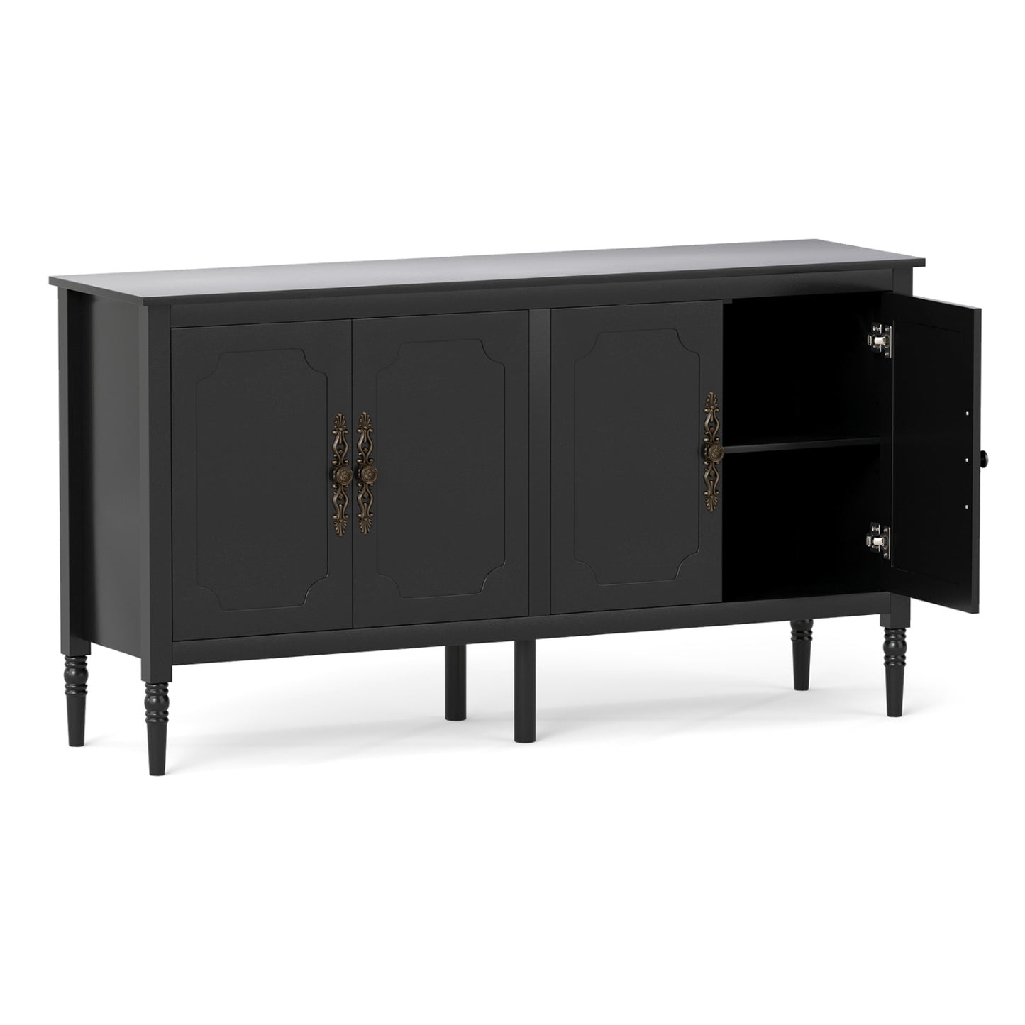 58" Vintage Buffet Cabinet with Pine Wood Legs and Adjustable Shelves for Kitchen-Black