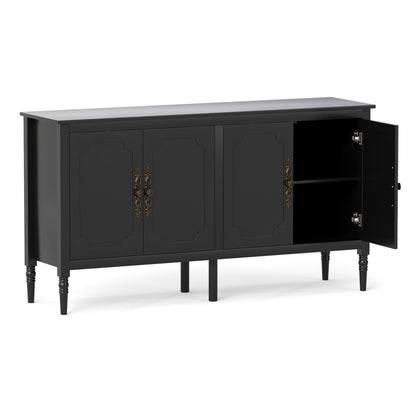 58" Vintage Buffet Cabinet with Pine Wood Legs and Adjustable Shelves for Kitchen-Black