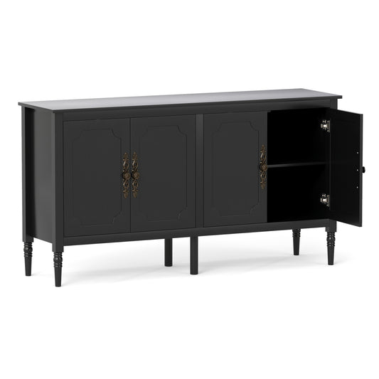 58" Vintage Buffet Cabinet with Pine Wood Legs and Adjustable Shelves for Kitchen-Black